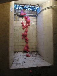 art installation in basement window space