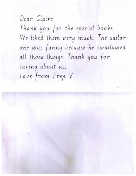 Letter from Prep V to Claire Saxby, australian children's author