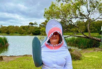 Claire in Shark costume during StoryTools film shooting